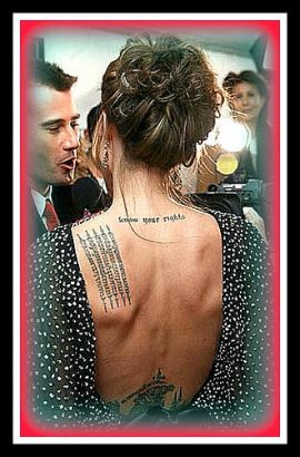 Angelina Jolie Neck And Left Shoulder Blade Tattoo